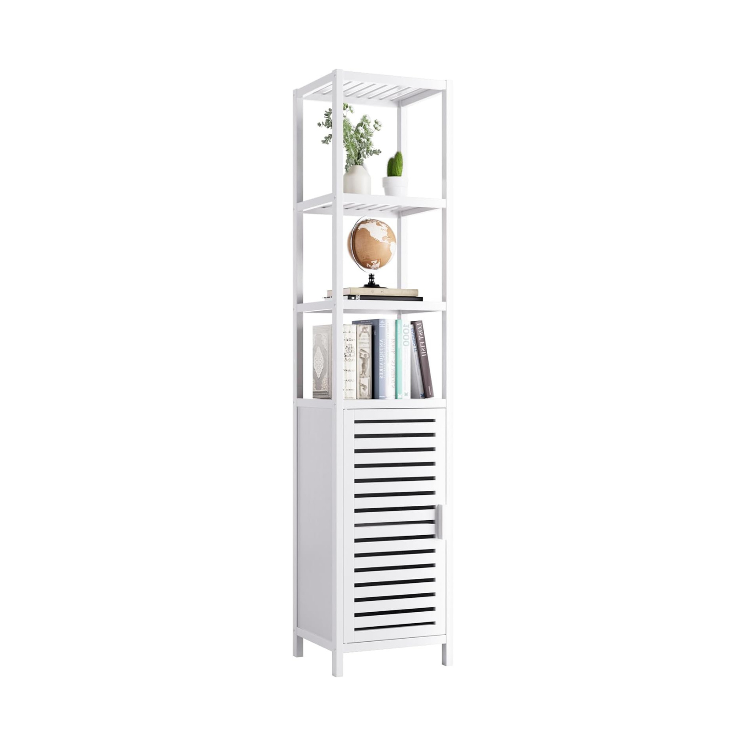 White Tall Slim Storage Cabinet with Shelves & Shutter Door