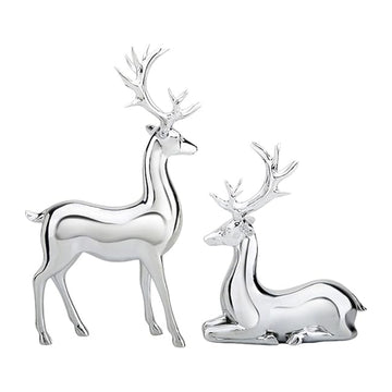 2PCS Reindeer Figurine Statue Silver Deer Sculpture Desktop Ornament Resin Elk Office Decoration Indoor Home Table