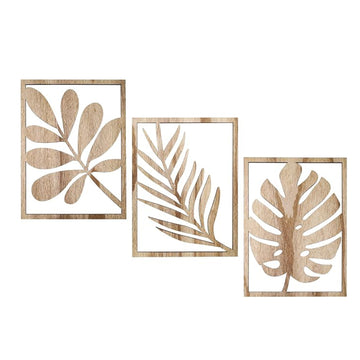 Set of 3 Wooden Leaf Cutout Wall Art Panels | Botanical Minimal Wall Decor (Natural Finish)