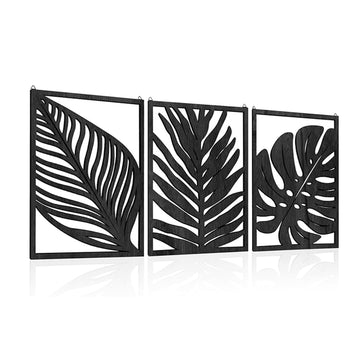 Set of 3 Black Wooden Leaf Cutout Wall Art Panels | Modern Botanical Wall Decor