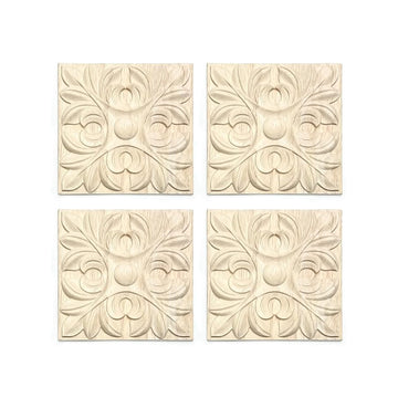 Set of 4 Carved Wooden Wall Art Panels | Floral Relief Wall Decor (Natural Finish)