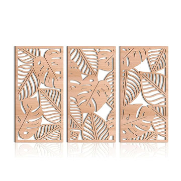 Set of 3 Wooden Tropical Leaf Wall Art Panels | Monstera Cutout Wall Decor (Natural Finish)
