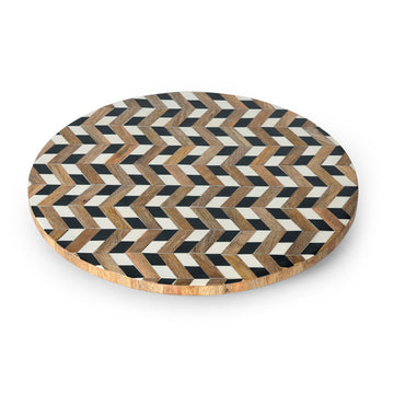 Chevron Inlay Round Wooden Platter