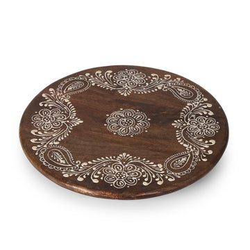 Floral Mehndi Motif Round Wooden Platter