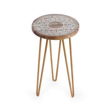 Mandala Inlay Round Side Table with Metal Legs