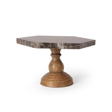Dark Marble Hexagon Cake Stand with Wooden Pedestal