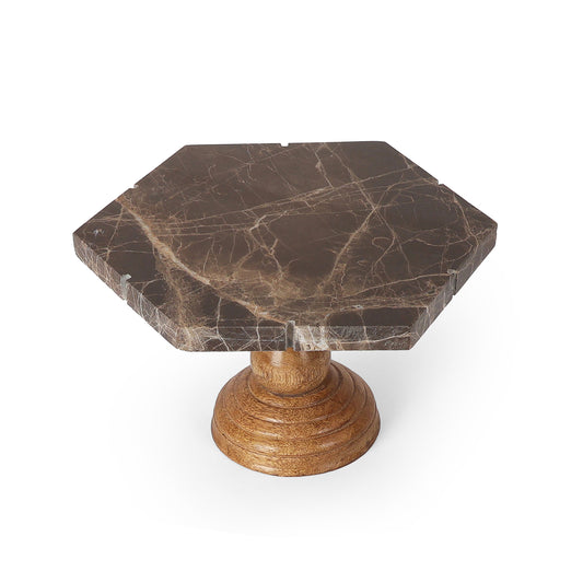 Dark Marble Hexagon Cake Stand with Wooden Pedestal