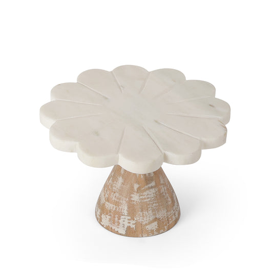 White Marble Flower-Shaped Cake Stand with Wooden Base