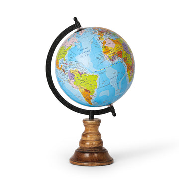 Blue Political World Globe with Wooden Base – Educational Home Accent