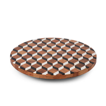 3D Cube Pattern Round Wooden Serving Platter