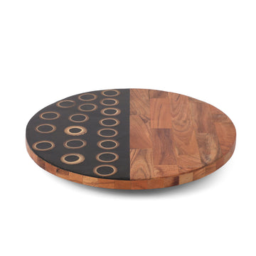 Dual-Tone Round Serving Platter (Black Rings + Wood Finish)