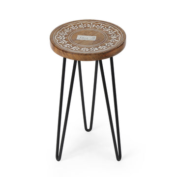 Hand-Carved Round Wooden Plant Stand with Black Metal Hairpin Legs