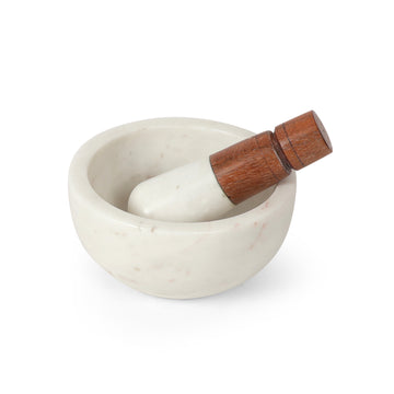 White Marble Mortar & Pestle with Wooden Handle | Masala Grinder