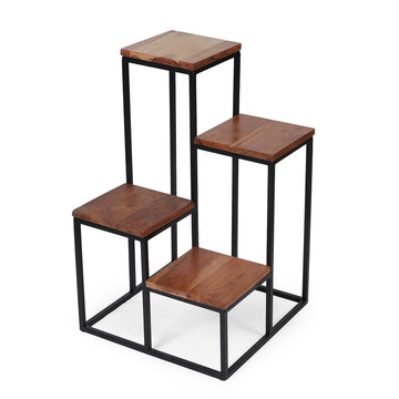 Set of Wooden Top Metal Frame Plant Stands