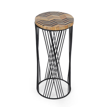 Chevron Wooden Top Plant Stand with Black Wire Crisscross Base