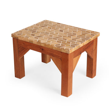 Geometric Inlay Accent Table | Solid Wood Side Stool for Living Room