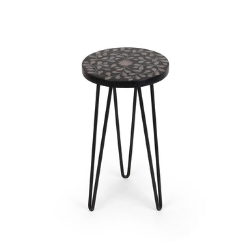 Floral Inlay Black Round Side Table