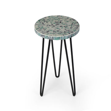 Green Mosaic Round Top Metal-Leg Plant Stand
