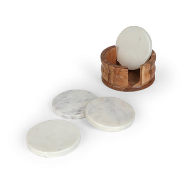 White Marble & Wood Round Coasters – Luxury Handmade Coaster Set