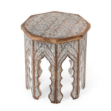 Hand Carved Wooden Side Table with Distressed Finish