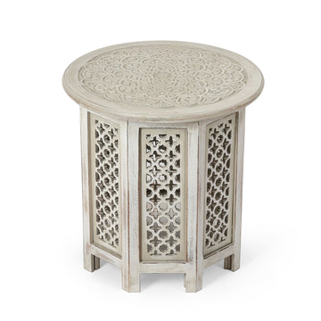 Whitewashed Hand Carved Wooden Side Table