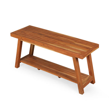 Solid Wood Bench with Cane Seat & Storage Shelf
