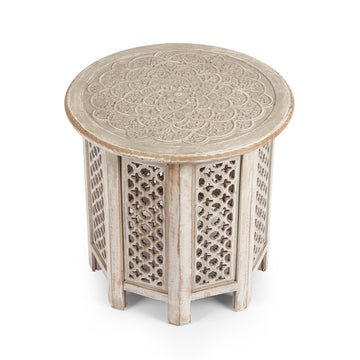 Round Hand Carved Wooden Side Table – Artisan Finish