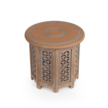 Carved Wooden Side Table with Decorative Inlay Top