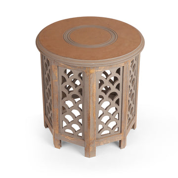 Hand Carved Wooden Side Table with Lattice Panels