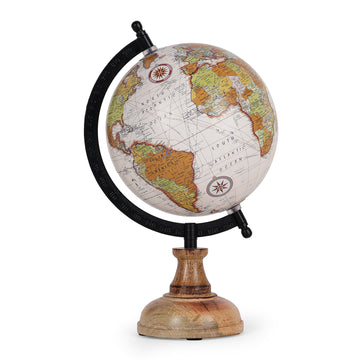 Cream & Green World Globe with Wooden Base – Classic Home Décor
