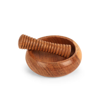 Ribbed Wooden Mortar & Pestle | Masala & Herb Grinder Bowl