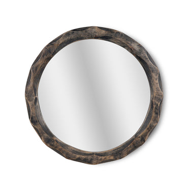 Faceted Round Dark Wood Mirror