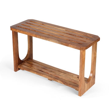 Handcrafted Solid Wood Slatted Bench with Curved Frame