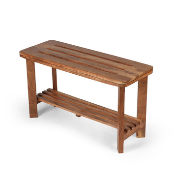 Solid Wood Slatted Bench with Storage Shelf