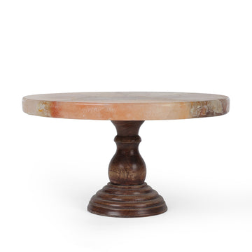 Multicolor Stone Marble Cake Stand with Wooden Base