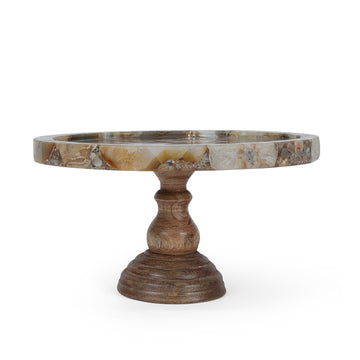 Mosaic Marble Cake Stand with Wooden Pedestal