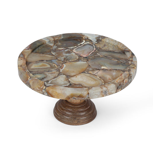 Mosaic Marble Cake Stand with Wooden Pedestal