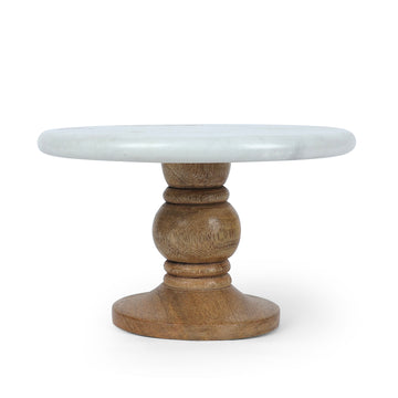Light Grey Marble Cake Stand with Wooden Pedestal