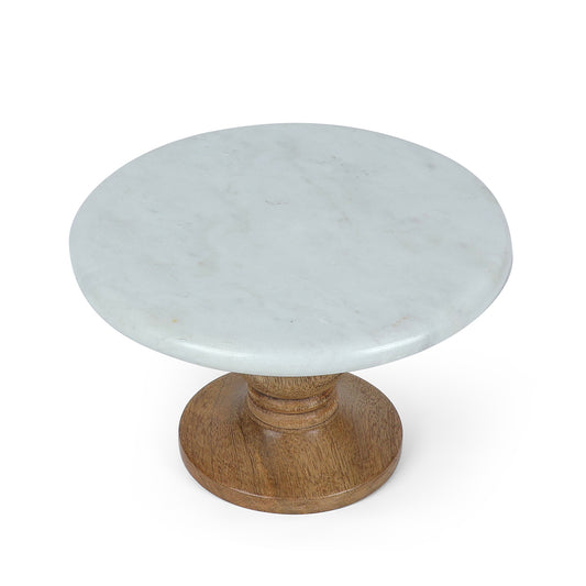 Light Grey Marble Cake Stand with Wooden Pedestal