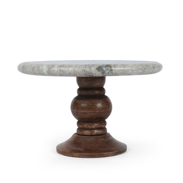 Grey Textured Marble Cake Stand with Wooden Base