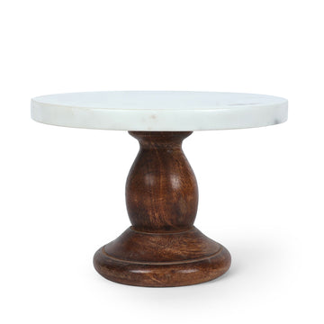 White Marble Round Cake Stand with Wooden Pedestal