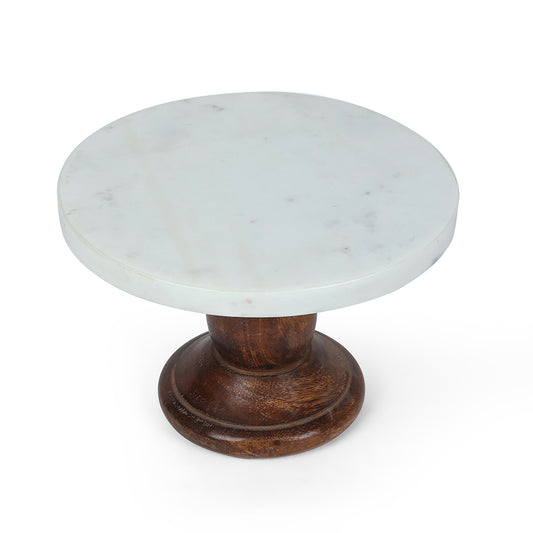 White Marble Round Cake Stand with Wooden Pedestal
