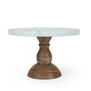 Compact White Marble Cake Stand with Wooden Base