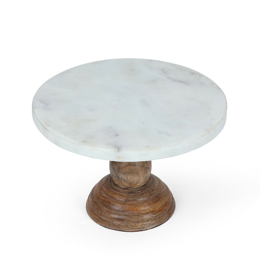 Compact White Marble Cake Stand with Wooden Base