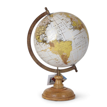 Cream & Gold World Globe with Wooden Base – Traditional Desk Décor