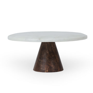 Minimal White Marble Cake Stand with Wooden Pedestal