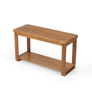 Solid Wood Slatted Bench with Lower Storage Shelf