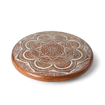 Hand Carved Mandala Round Wooden Tray | Festive Serving Platter