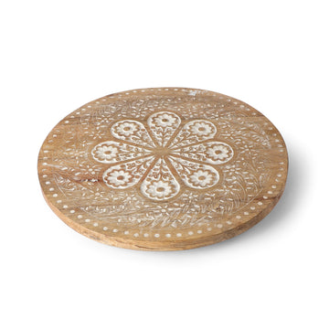 Floral Medallion Carved Round Wooden Tray | Decorative Serving Base