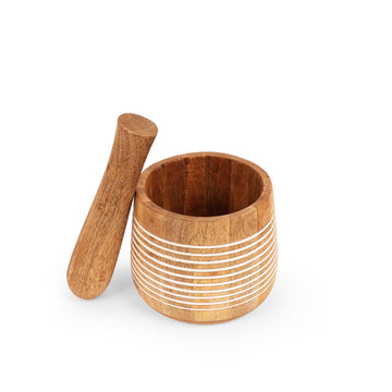 Ribbed Wooden Mortar & Pestle | Traditional Masala Crusher